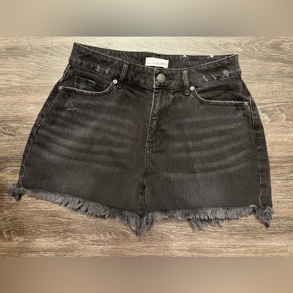 LOFT high rise black distressed denim shorts size 25/0